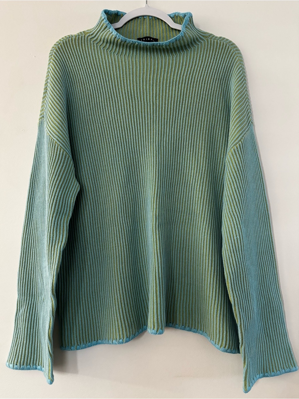 TRIBAL Ribbed Turtleneck Sweater in Aqua and Lime - Size XL - Picture 12 of 12